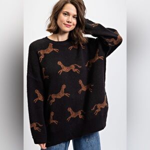 Easel Black Sweater with Brown Horse Pattern